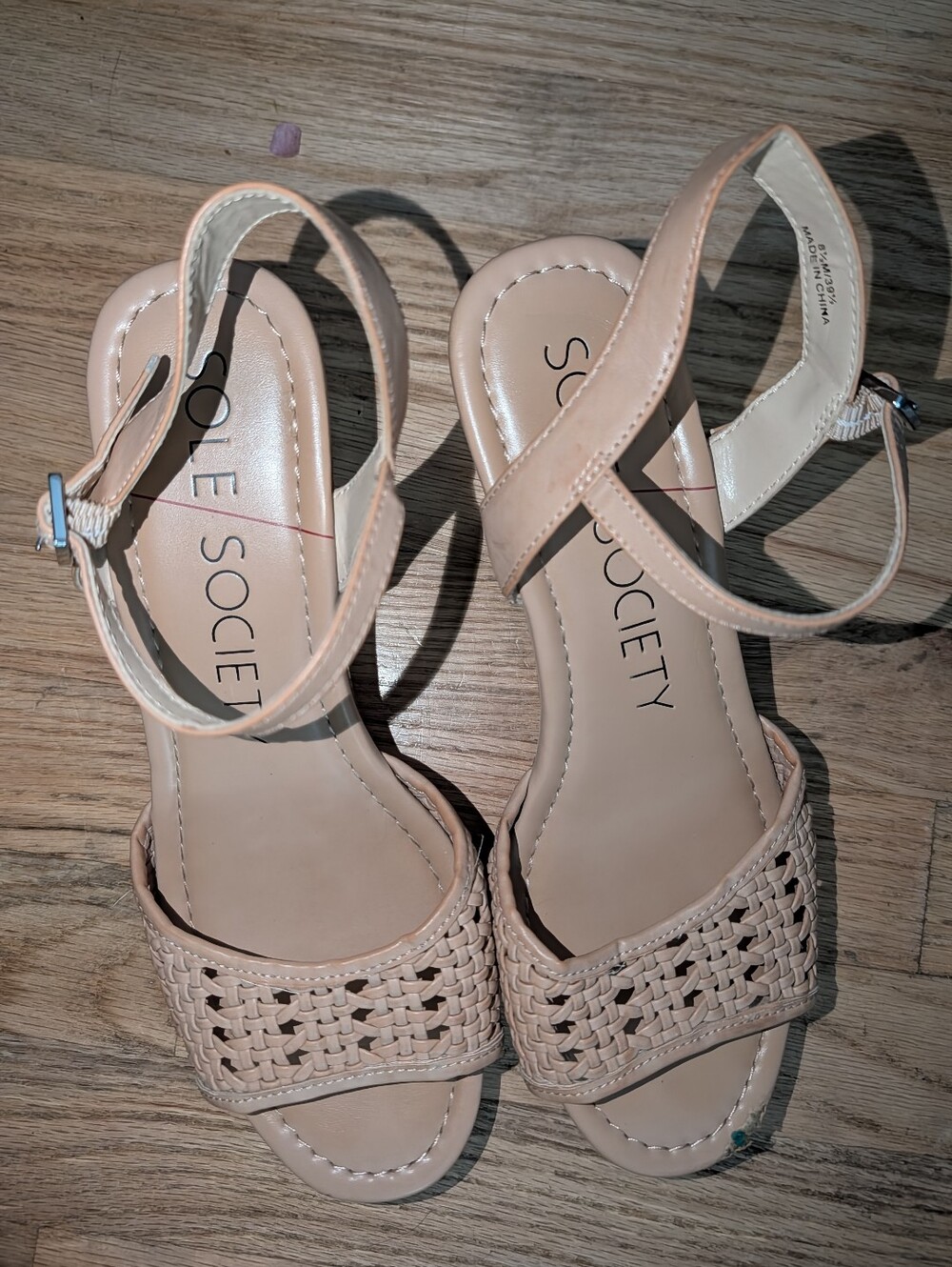 sole society nude woven block heel sandals women’s 8.5 ankle strap boho
